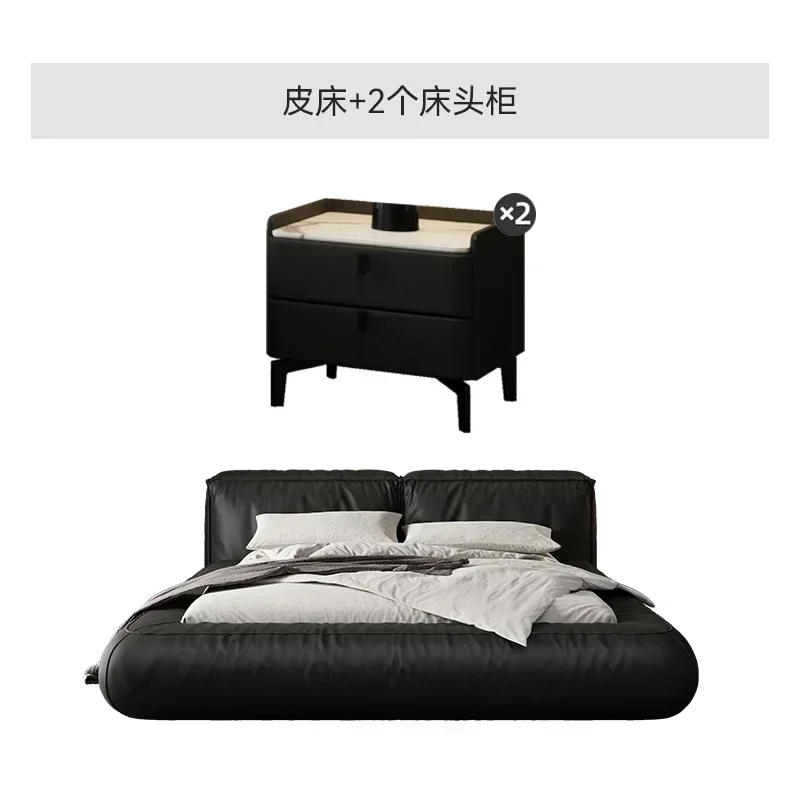 

Superior Italian leather bed modern simple double top cowhide black air pressure