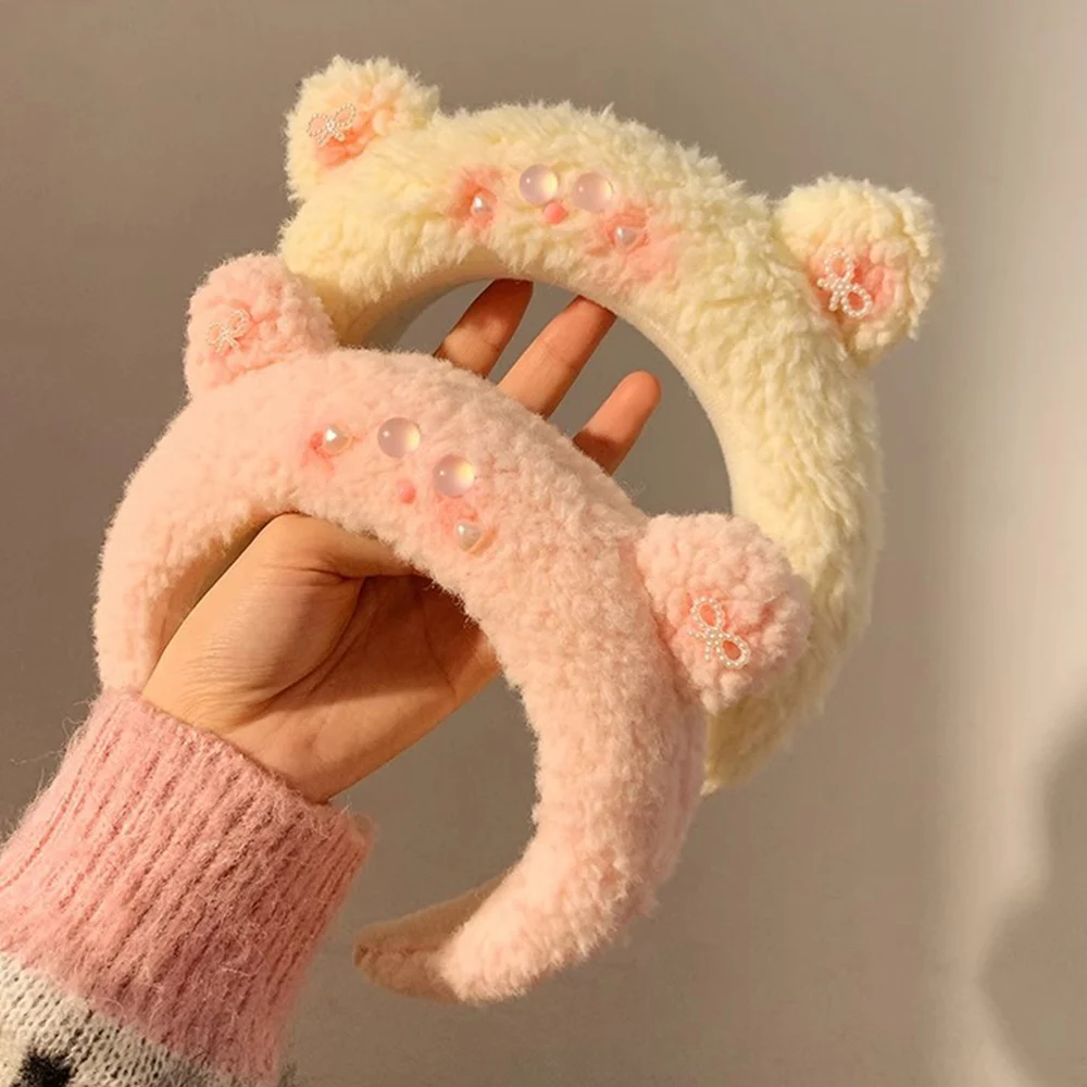 Soft Velvet Head Hoop Winter Warm Plush Headband Cute  Sweet Bear Ear Rabbit Ear Thick Hariband Lovely Powder Blusher Pattern