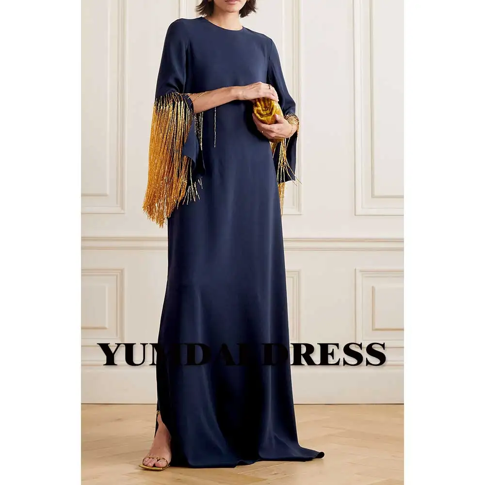 

YUMDAI Gorgeous Long Sleeve Fringe Evening Dress Dubai 2023 Ladies Formal Ball Dress Tibetan Crepe Special Occasion Mom Dress