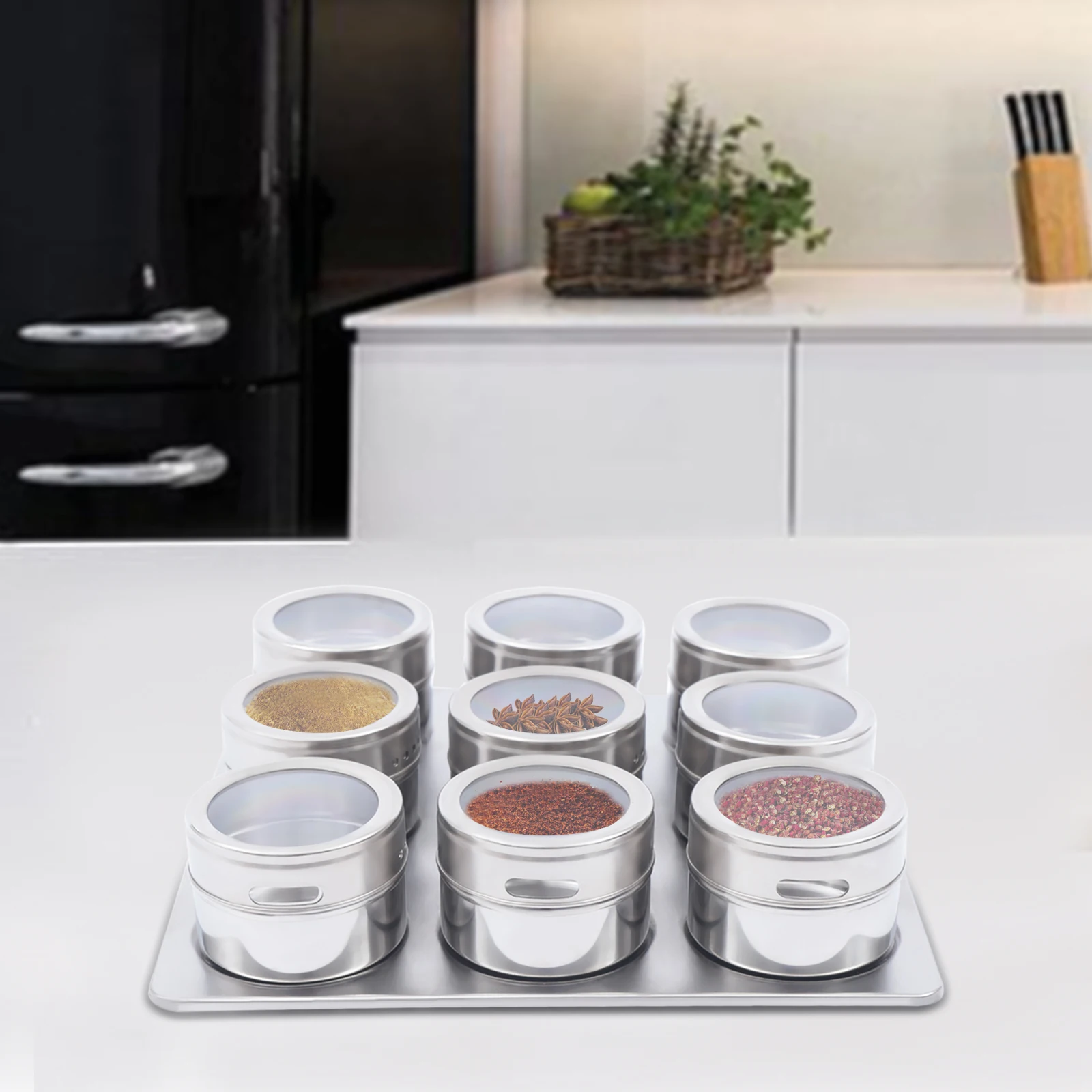 9 PCS Stainless Steel Herbs Spice Rack Silver Magnetic Holder Stand for Kitchen