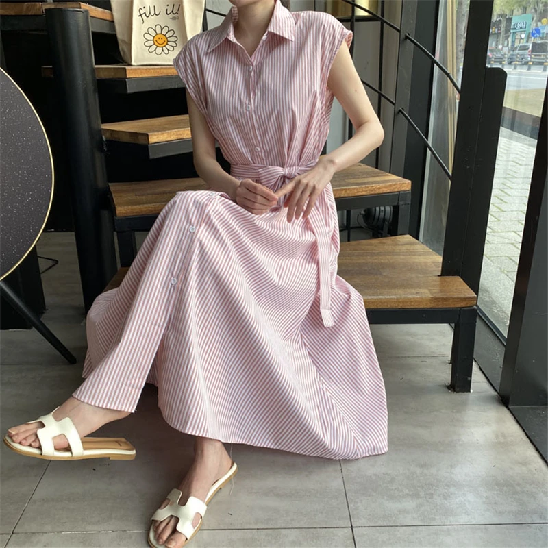 Damen Sommerkleid, neu, gestreift, mit Bindegürtel, schmal geschnitten, ärmellos, Midikleid, lässig, elegant, für Büro und Freizeit, mit Taschen, DR1970 – Detail 5
