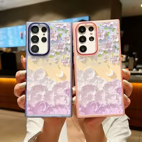 Oil Painting Flower Pattern Phone Case For Samsung Galaxy S24 S23 S22 Ultra S20 S21 S23 FE A54 A53 A52 A34 Transparent TPU Cover