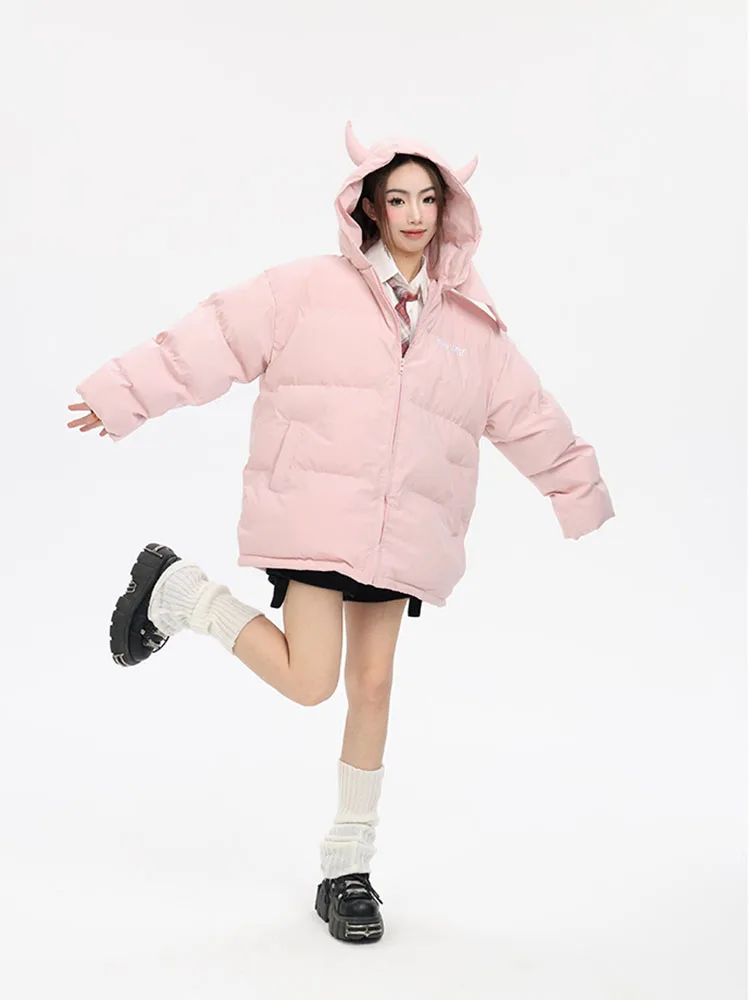 Hooded Pink Parkas Men Women Winter Devil\'s Horn Cotton Padded Jackets Loose Hip Hop Harajuku Y2k Puffer Bubble Outwear Coats