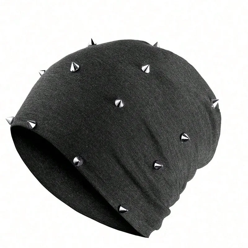 1 Stück Gothic-Mütze Unisex Goth Beanie mit Nieten Rock Punk Hut mit Spikes für Männer und Frauen, Schwarz Grau, Y2K-Stil Leicht und Bequem – Detail 10