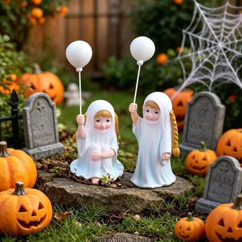 Halloween-Geistermädchen-Figuren-Set, 2-teilige Tischdekoration aus Kunstharz mit weißem Ballon-Detail für Kaminsims, und – Detail 5