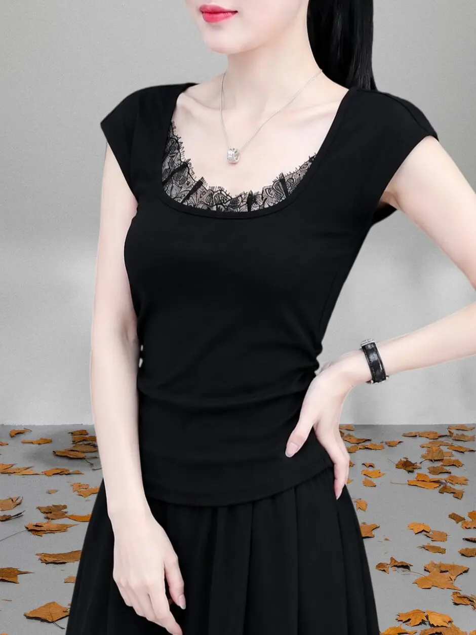 Korean Style Simple Large Size Lace Splicing Short Sleeve T-Shirt Women Summer Thin Versatile Commute Elegant Top Trendy
