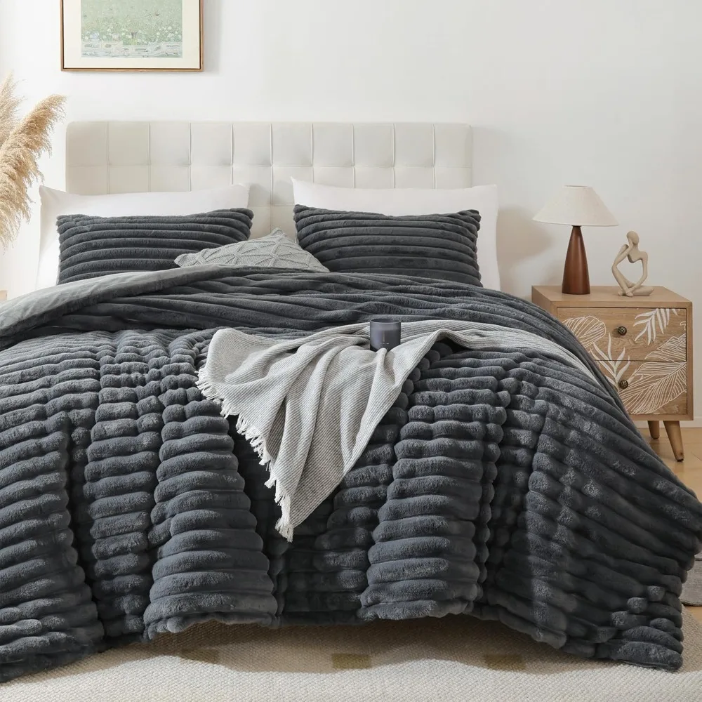 

Smoofy Fluffy King Size Comforter Set 3 Pieces - Darkgrey Fleece Fluffy Comforter Set, Luxury Fuzzy King Bedding Set, Soft King