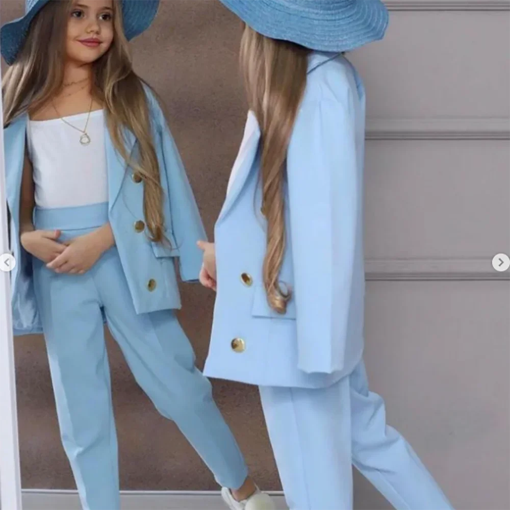 Blazer à double boutonnage pour filles, olympiques à revers pour enfants, vestes et pantalons pour enfants, tenues décontractées formelles pour adolescents, mode, nouveau