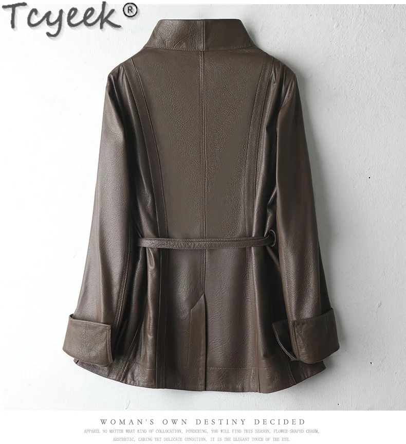 Tcyeek-Veste en cuir véritable pour femme, manteau en peau de mouton couche supérieure, vêtements avec ceinture, vestes mi-longues, taille unique, printemps, automne, 2023