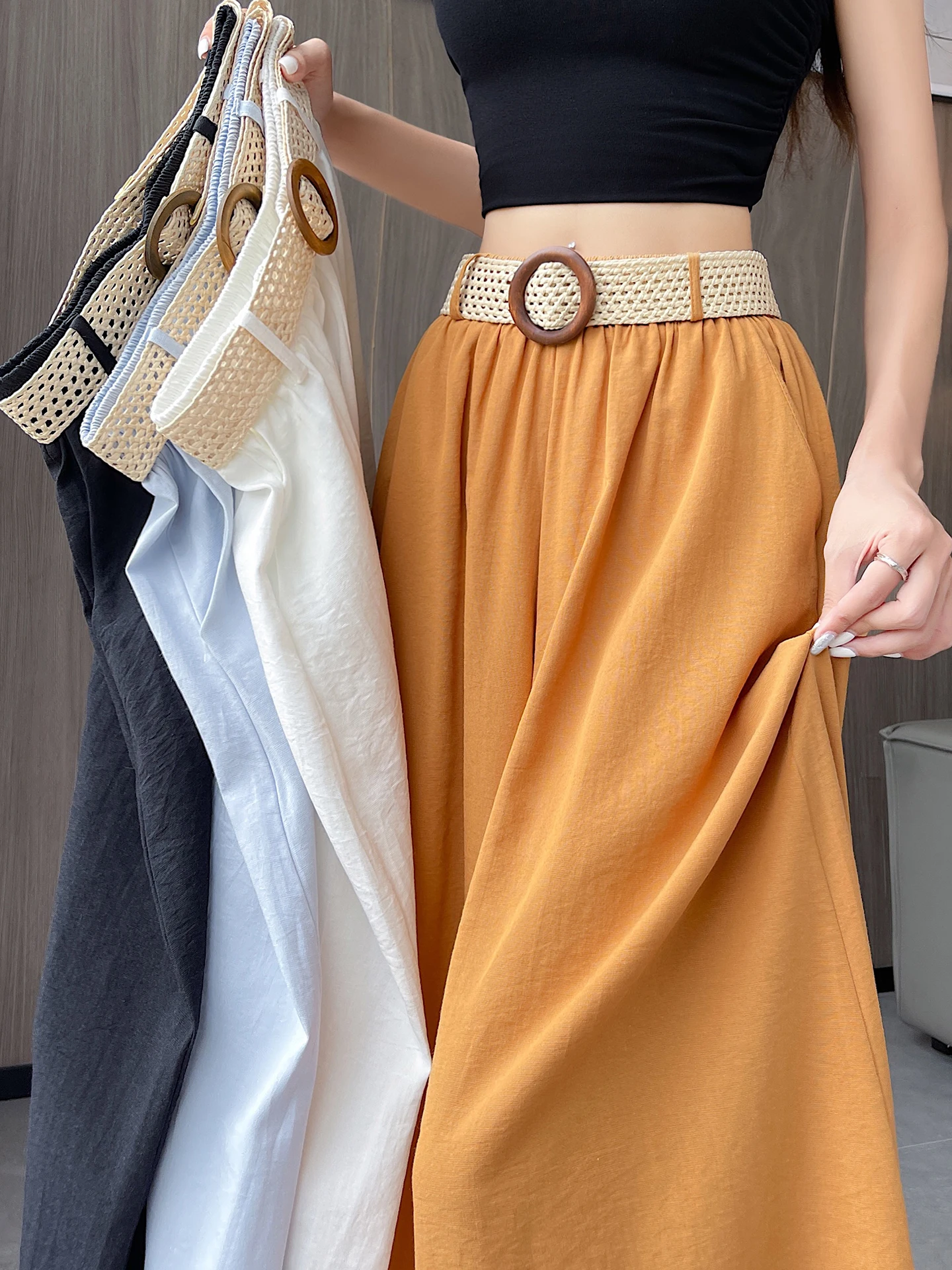 

Женские летние повседневные брюки с высокой талией и широкими штанинами, свободного кроя, из льняного хлопка и шелка, укороченные, в корейском стиле, для офиса и повседневной носки