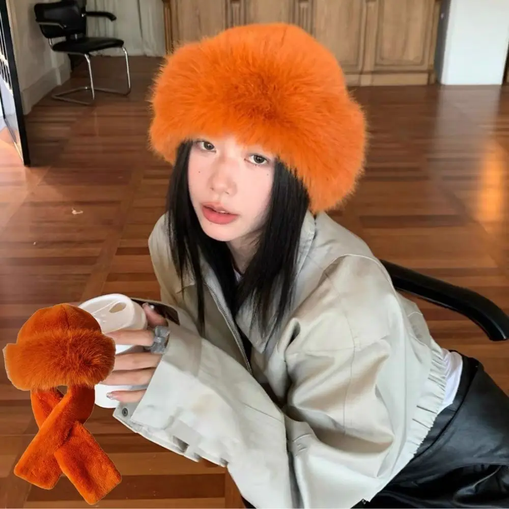 2 قطعة/المجموعة الشتاء فرو الأرنب الصناعي الرقبة أدفأ الكورية قبعة بحافة بلون أفخم صياد قبعة دافئة رشاقته عبر طوق وشاح #1