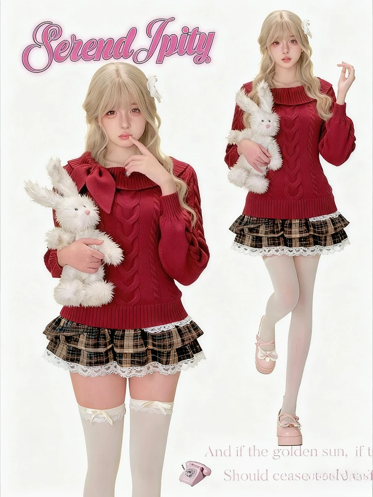 

Christmas Knitted Sweater Women Bow Sweet Japanese Kawaii Pullover Autumn and Winter Y2k Slim Red Jumper Outfits Vintage Clothes