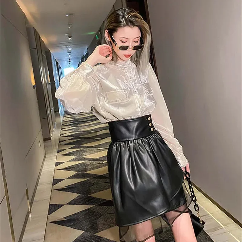 Spring Summer Short PU Leather Skirt 2025 New Grenadine Patchwork Black High-Waisted Skirt Fashion Sexy A Word Skirts Female