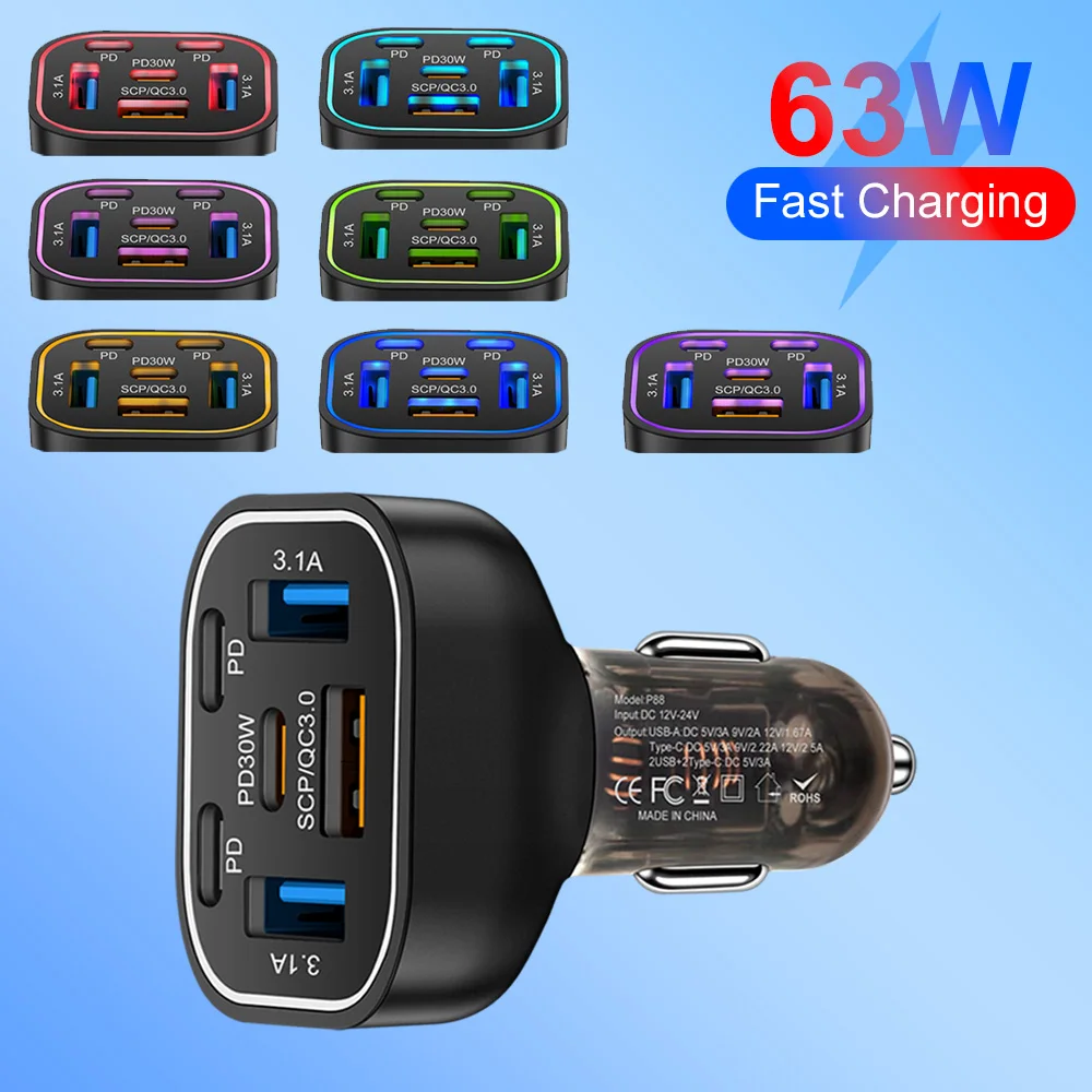 Sieben Farbverlauf 6 in1 Autoladegerät 3USB 3Typ-C Schnelllade-Netzteil für iPhone für Samsung Xiaomi