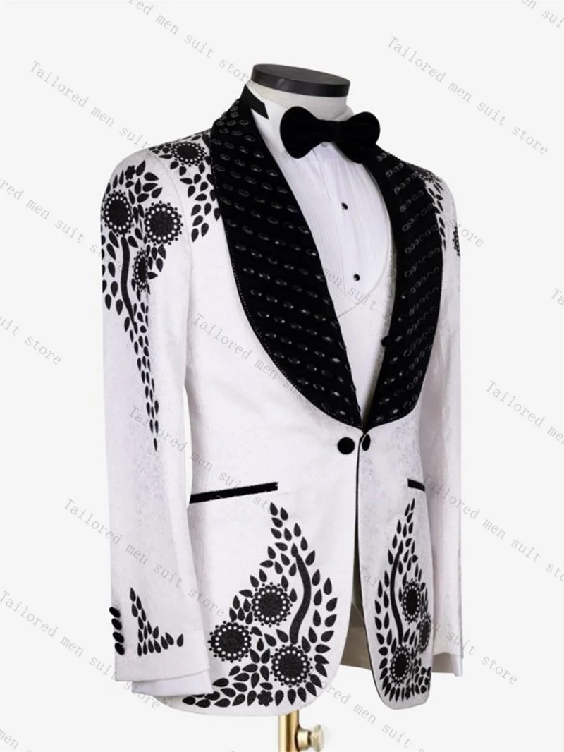 Luxury Crystals Men Suit Set 2 Pieces Blazer+Black Pant Formal Office Male Jacket Prom Cotton Coat Trouser Groom Wedding Tuxedos