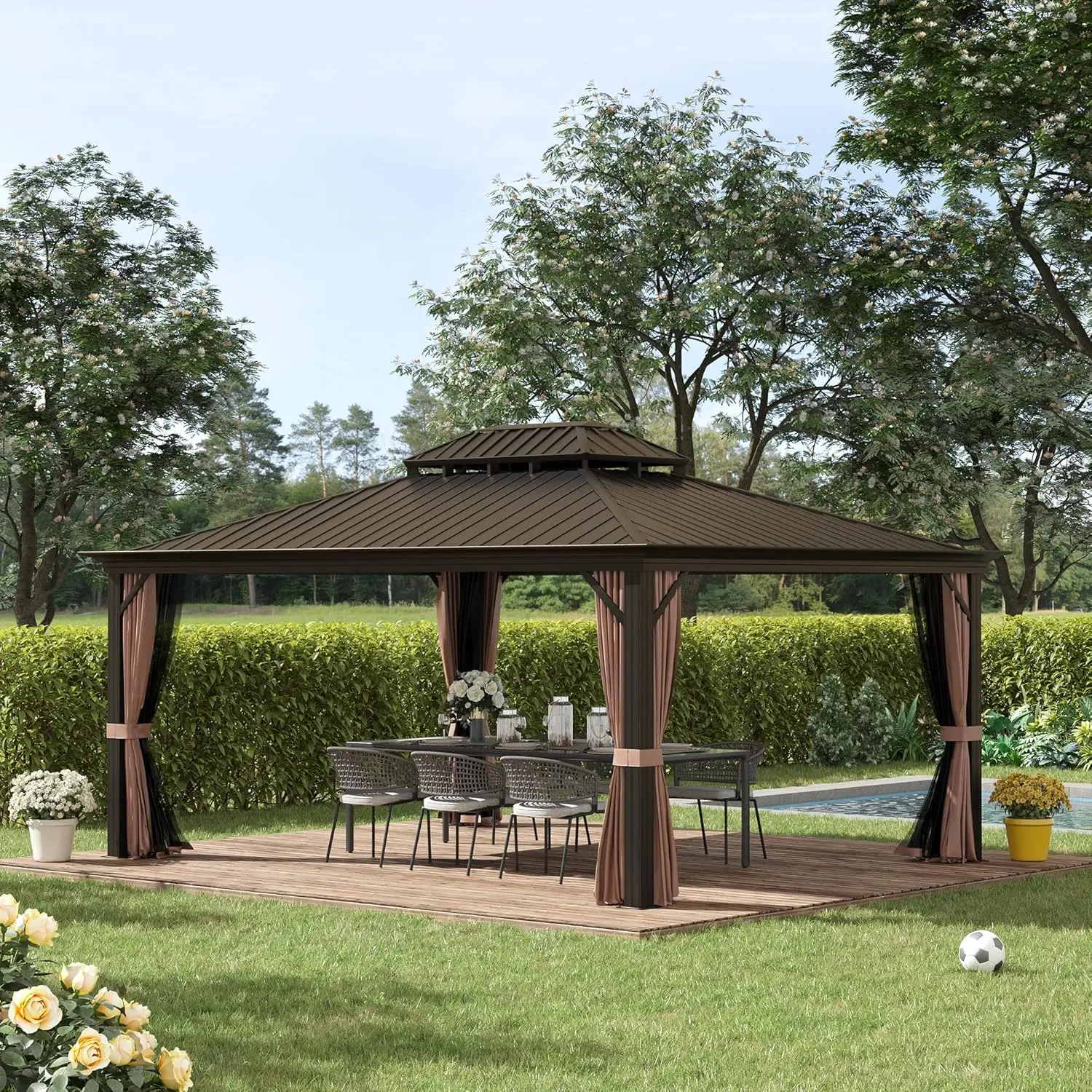 12' x 16' Hardtop Gazebo with Curtains and Netting, Permanent Pavilion Metal Double Roof Gazebo Canopy with Aluminum Fr