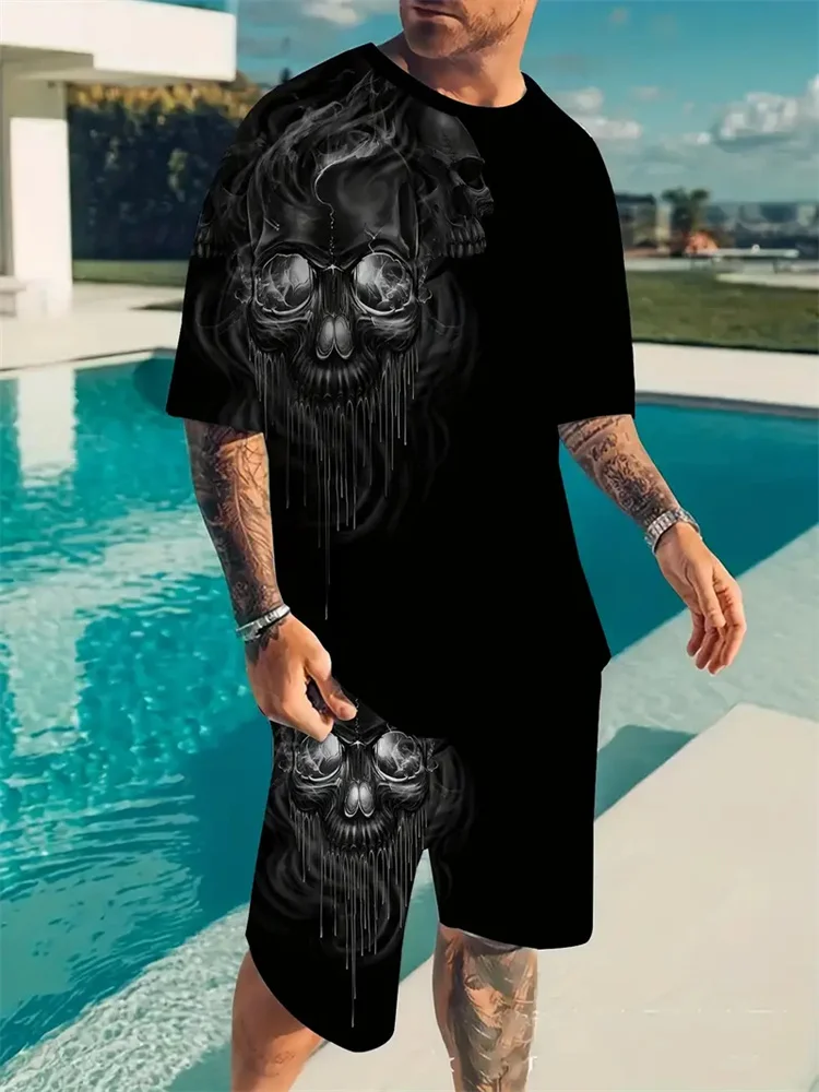 Camiseta masculina de manga curta estampada com chama 3D, roupa esportiva com o pescoço, blusa casual extragrande, shorts respiráveis, moletom de verão