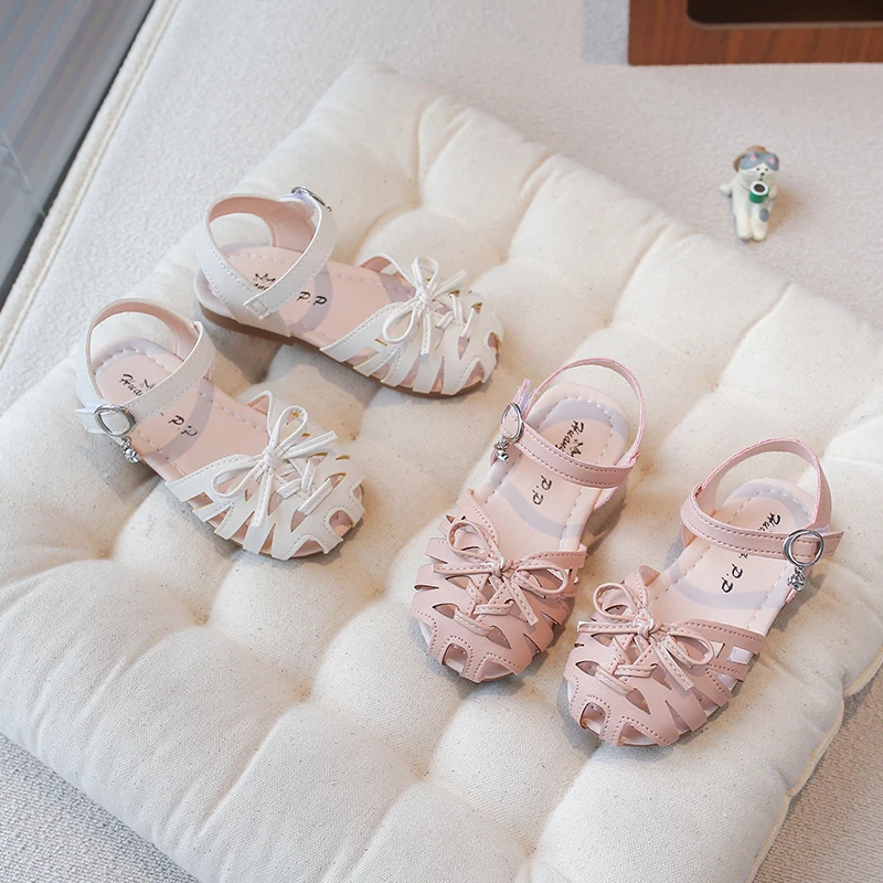 

Летние сандалии для маленьких девочек, туфли принцессы с тканым бантом, детская пляжная обувь, удобная нескользящая повседневная обувь на мягкой подошве для малышей