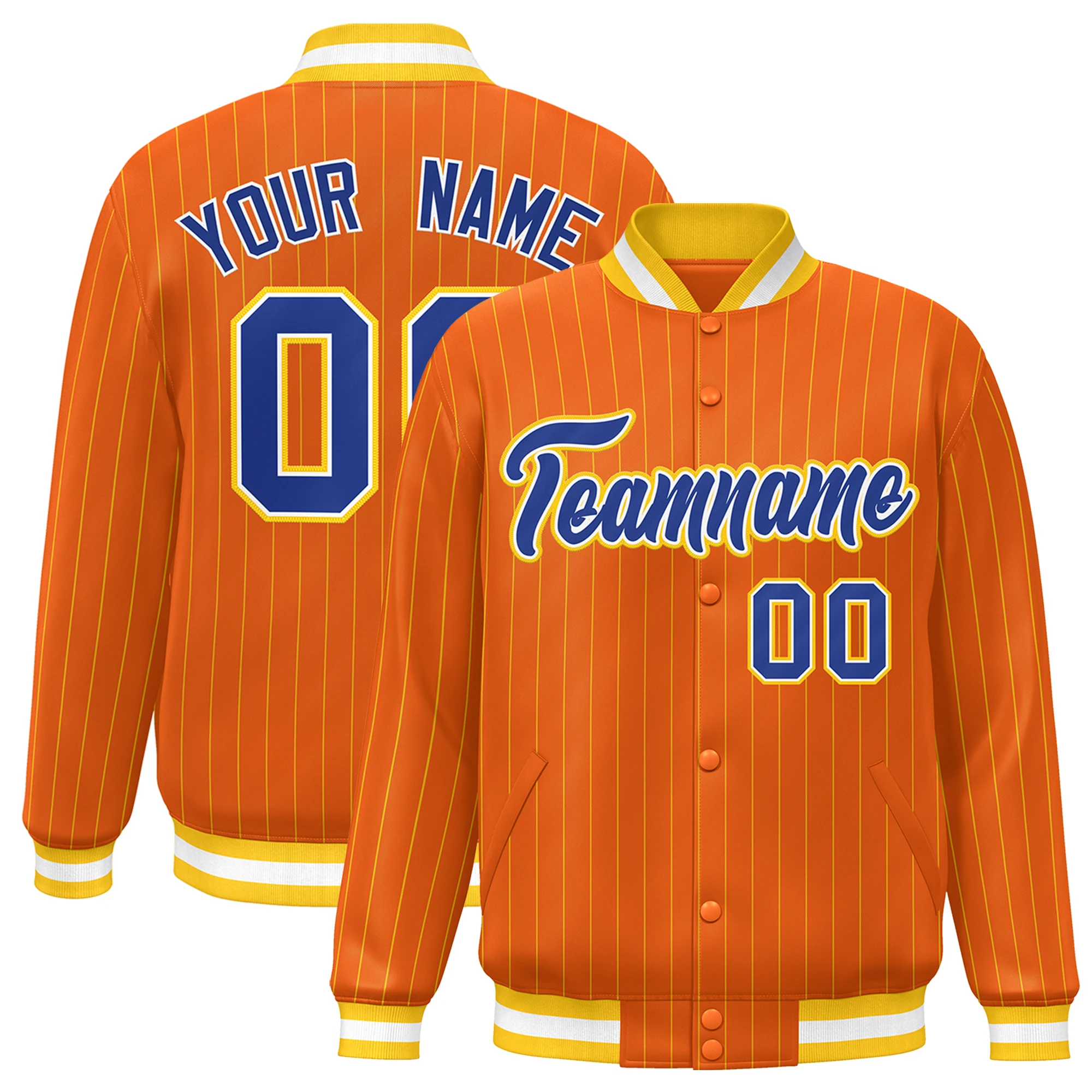 

Custom Baseball Jacket Pinstripe Full-Snap Stitched Text Number Logo Varsity Letterman College Baseball Coat