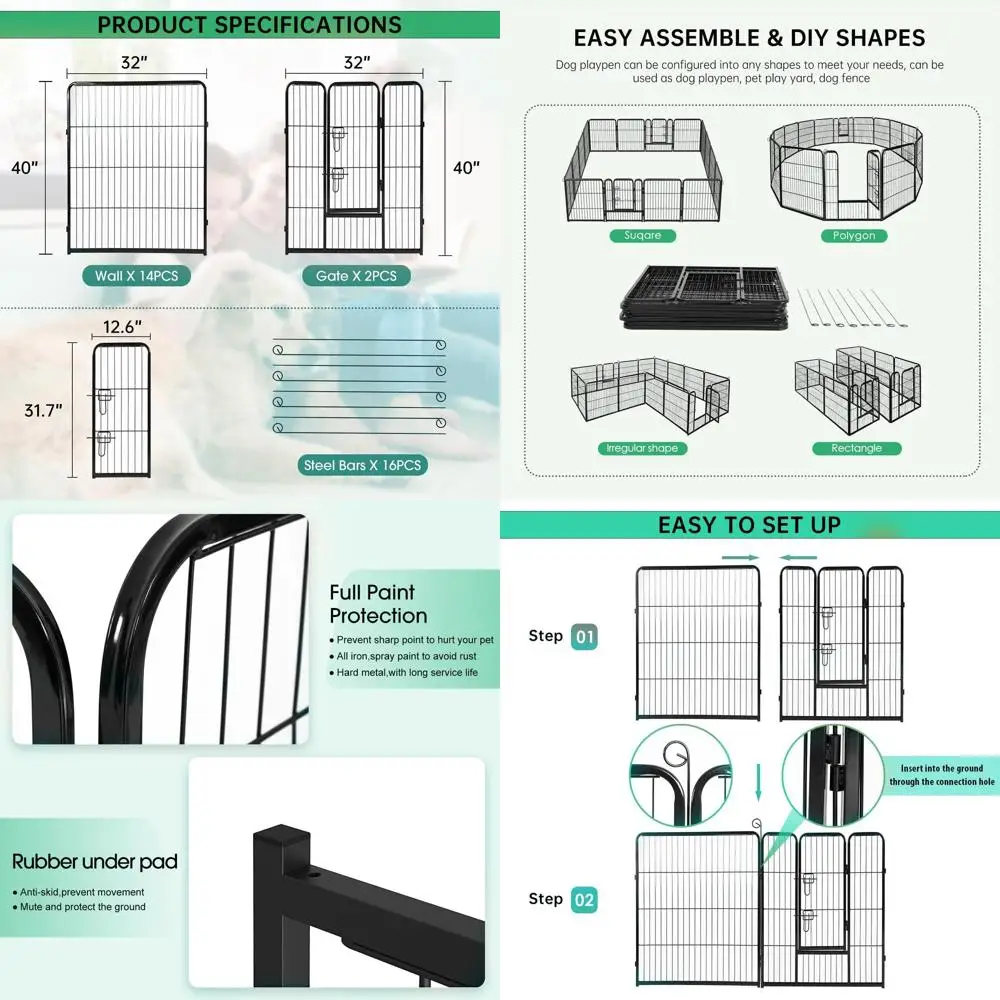 

Sturdy 40 Metal Pet Playpen with 16 Panels for Indoor/Outdoor Use - Rust-Resistant, Easy Setup, Anti-Skid, Expandable