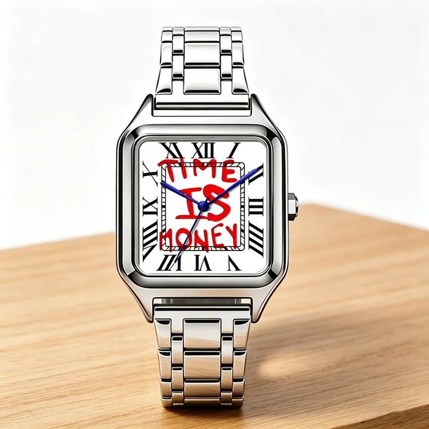 Ladies' Men Square Luxury Watch, Slogan Text on the Large Dial, 30-Meter Water Resistance, Elegant Design, Stainless Steel Strap