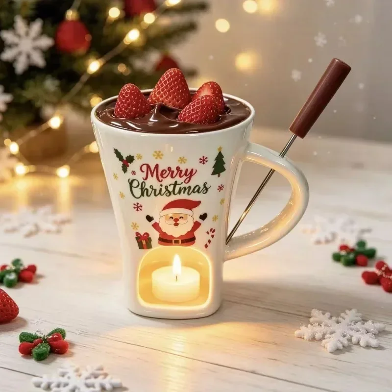 Christmas Ceramic Fondue Mug Chocolate Melting Pot with Fork Santa Claus Candle Heater Cheese Cup Winter Couple Holiday Gift