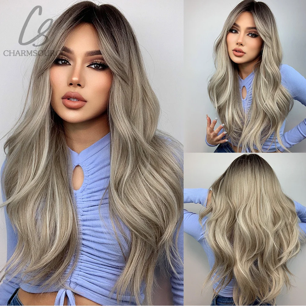 

CharmSource Synthetic Wig Long Natural Wavy Brown Ombre Grey for Women Party Daily High Density Heat Resistant