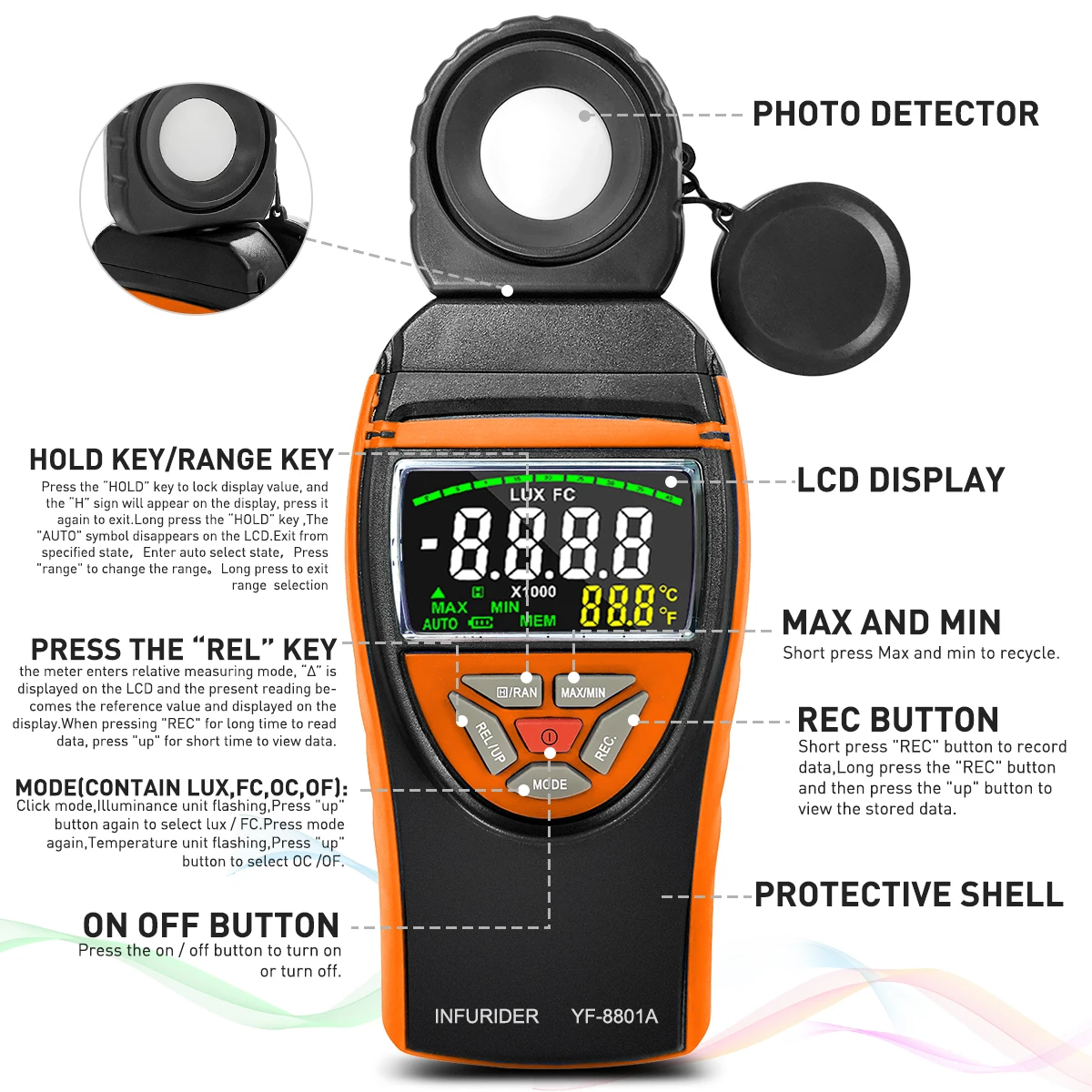 Digital Luxmeter Portable Photometer Light Meter 0.1~400,000 Lux with Data Hold, 270° Rotating Detector with LCD Display