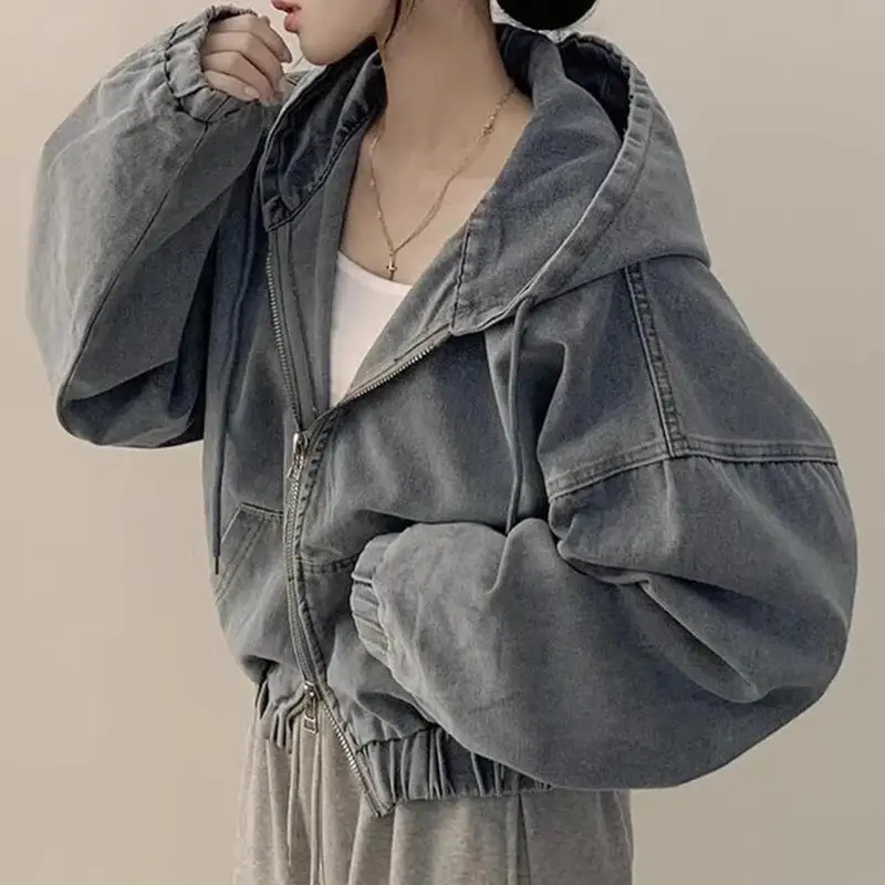 

Autumn New Denim Jackets Women Hooded Solid Korean Fashion Vintage Loose Zipper Female Tops