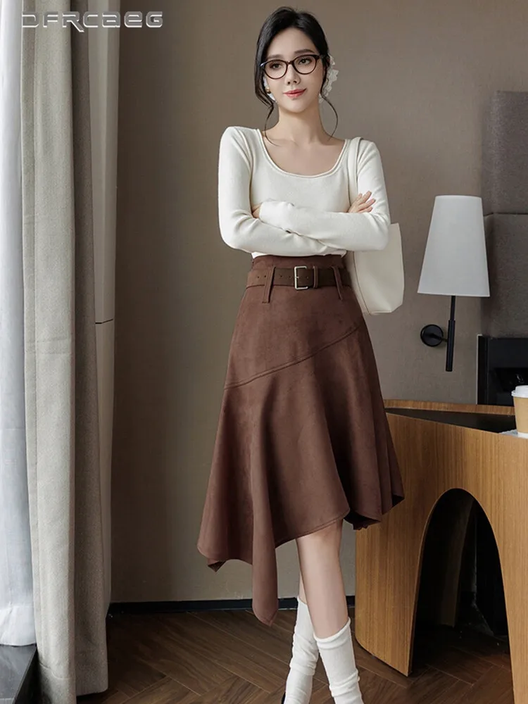 

Autumn Winter Retro Irregular Suede Midi Skirt For Women Korean-Style Streetwear Big Swing A-Line Knee Length Skirt With Belt