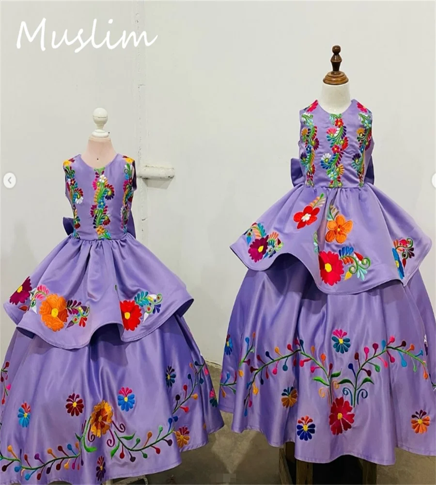

Mexican Lilac Flower Girls Dress With Bow Embroidery O Neck A Line Kids Pageant Dress Little Girls Birthday Party Customized