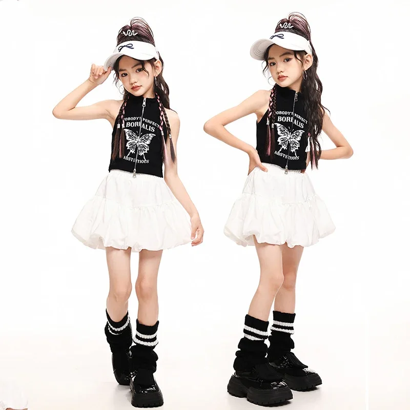 

Jazz Dance Outfit Girl Kpop Costume Black Vest White Skirt Runways Show Clothes Stage Performance Summer Fashion Clothes