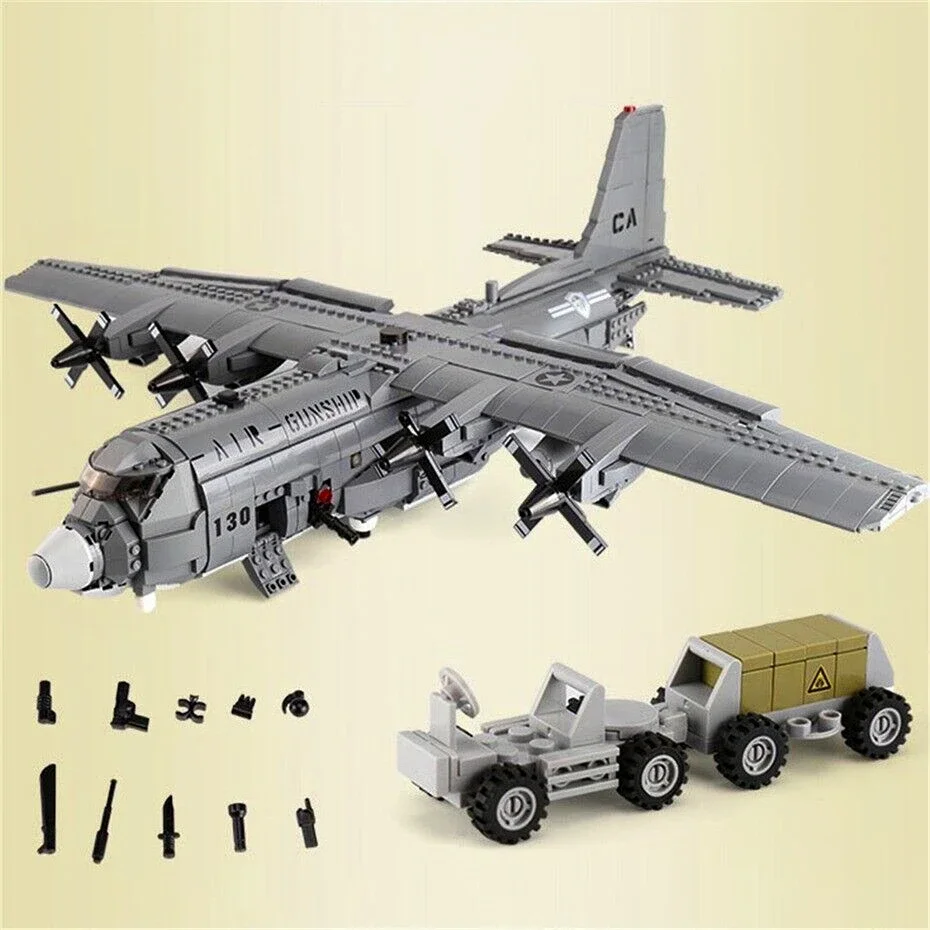 Building Blocks Military MOC WW2 AC-130 Gunboat Aircraft Bricks Models Army Weapon Airplane Kids Toys Gifts for Boys