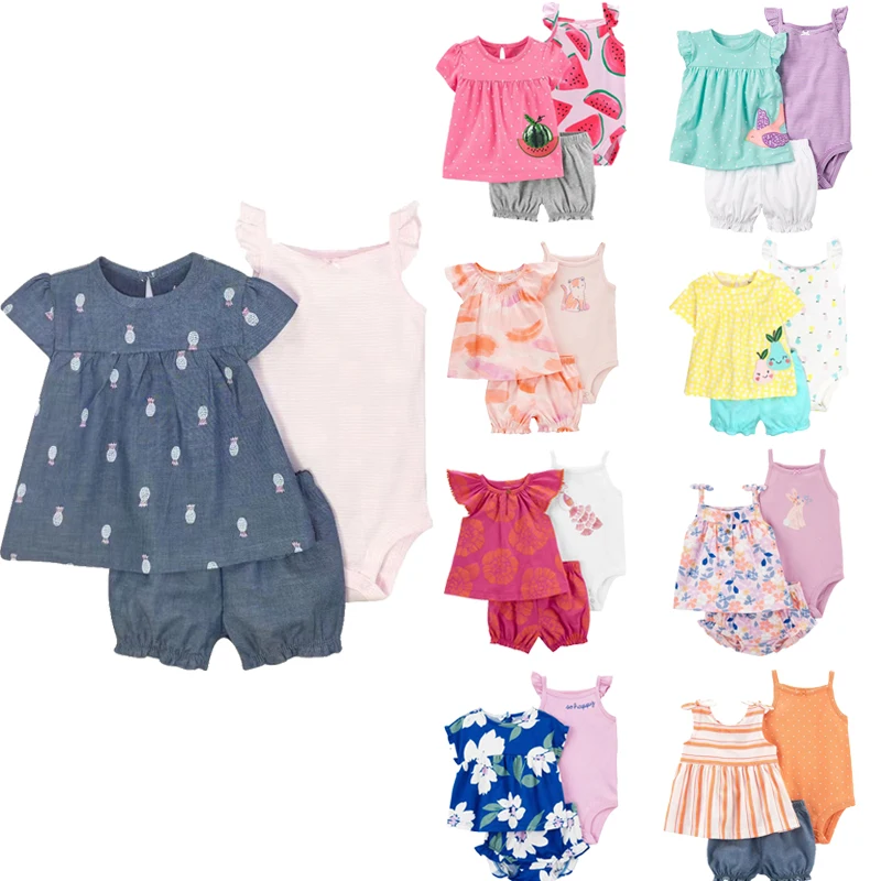 Newborn Baby Girls Summer Cute Bebe Children Clothing Set Short Sleeve +Shorts+Sling jumpsuit Toddler Girls Clothing 3Pcs Outfit