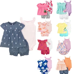 Newborn Baby Girls Summer Cute Bebe Children Clothing Set Short Sleeve +Shorts+Sling jumpsuit Toddler Girls Clothing 3Pcs Outfit