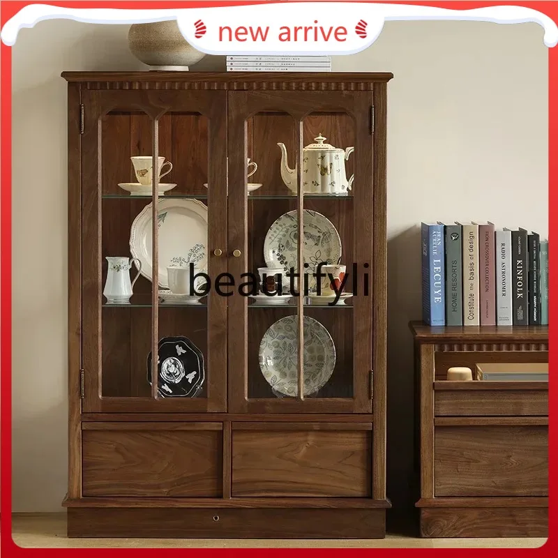 

D2520 Black walnut display cabinet retro style solid wood log wine cabinet with lamp side cabinet