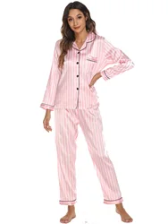 Women's Pajamas Set 2 Piece Striped Print Pyjama Faux Silk Satin Sleepwear Spring Summer Long Sleeve Pijama Mujer Pjs Homewear