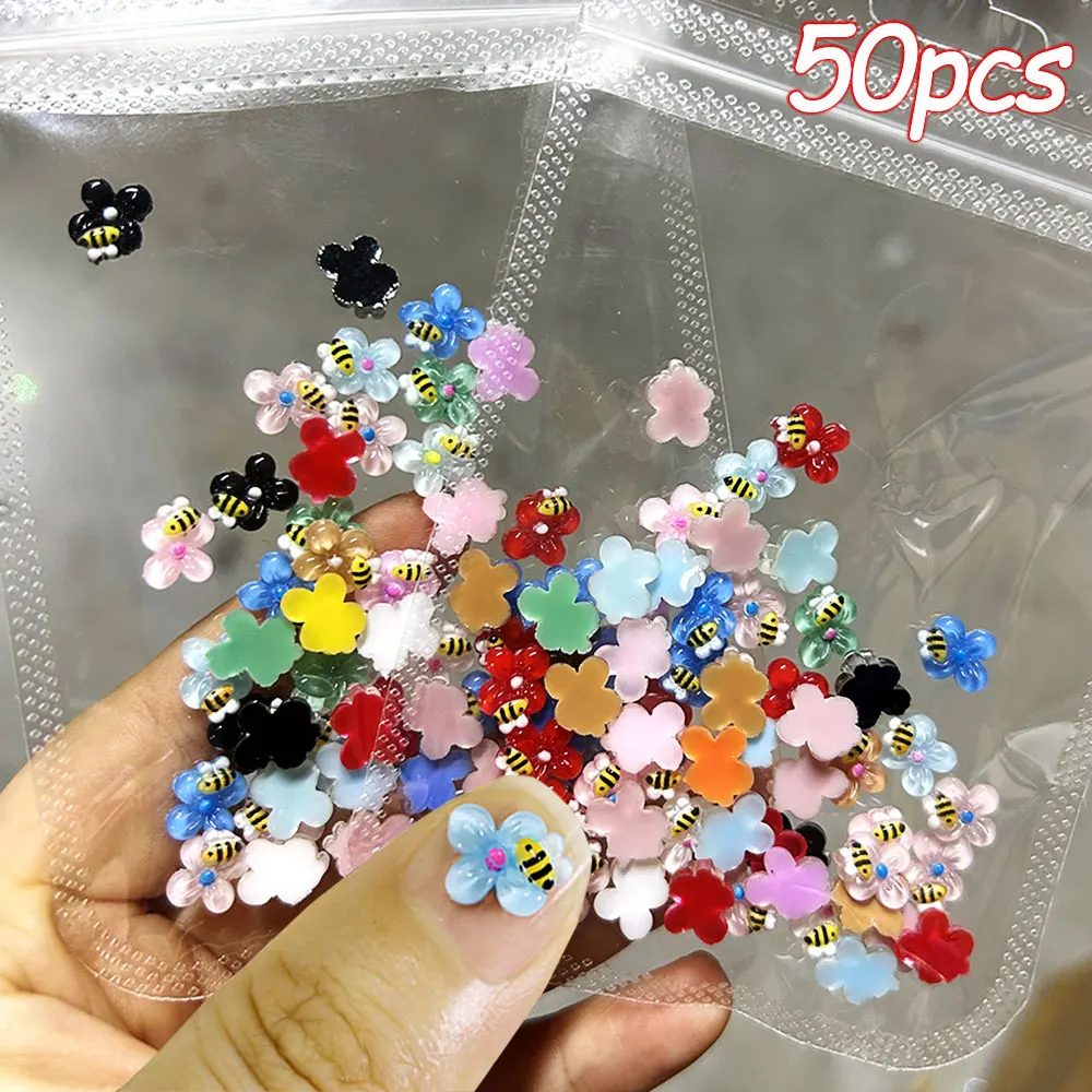 

50pcs 3D Cute Flower Bee Nail Decorations Resin Colorful Bee Floral Nail Art Charms 0.8cm Kawaii Flatback Summer Nail Supplies &