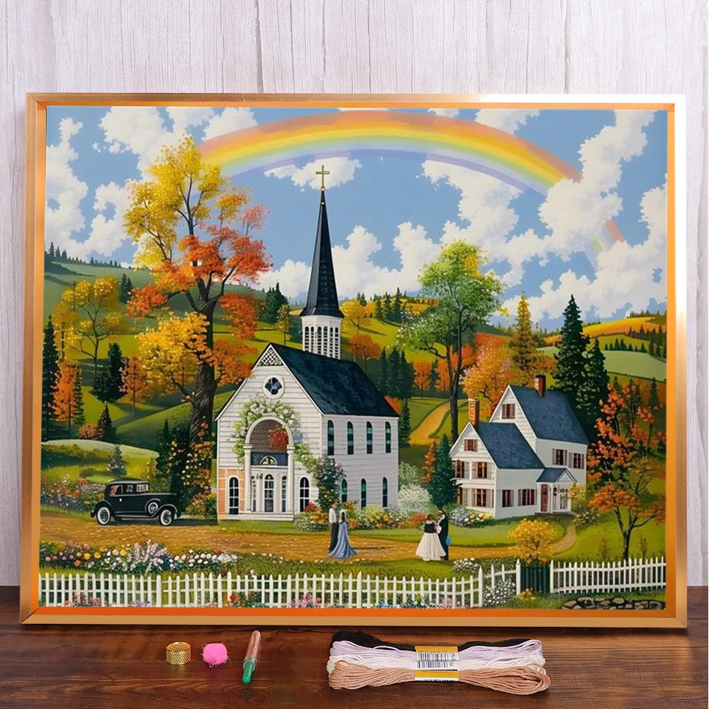 

Landscape Rainbow Villa Printed Canvas Cross-Stitch Set Embroidery Knitting Handmade Needlework Handiwork Magic Gift Jewelry