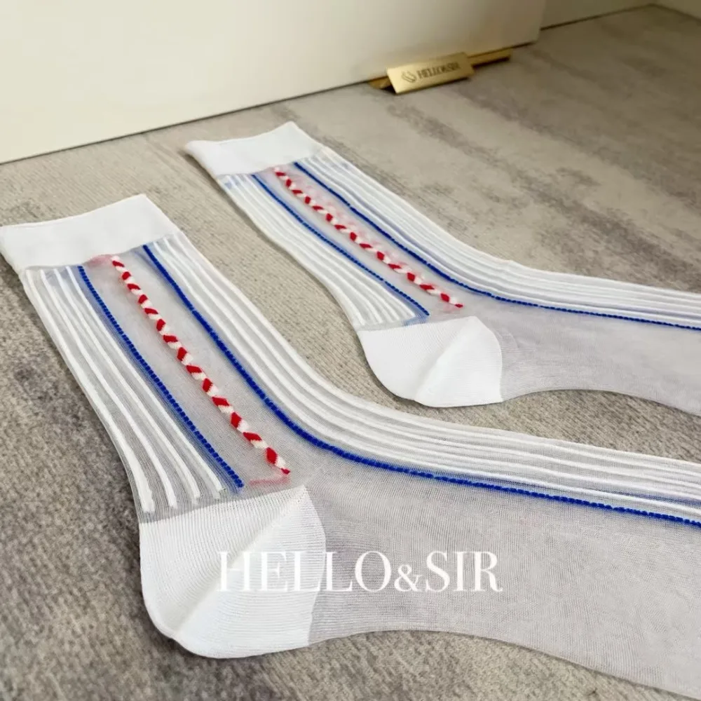 白のビジネスソックス男性のセクシーなファッション透明 TNT ソックス超薄型薄手のストッキング男ストライプフォーマルドレスミッドチューブソックス