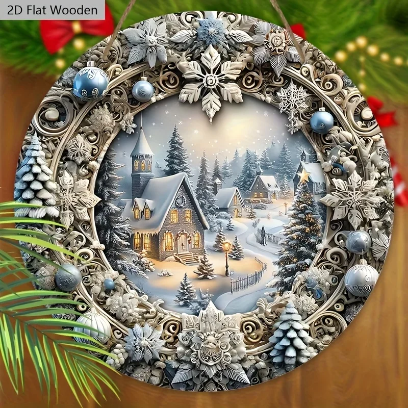 2D flach, 1-Winterwunder-Weihnachtsdekoration aus Holz – Schneedorfszene, Weihnachtsdekoration für zu Hause