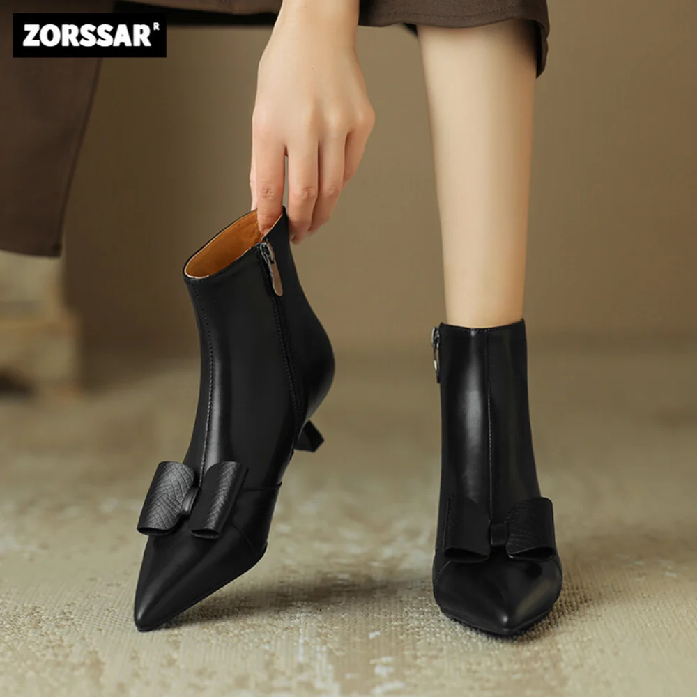 

Size 32-47 Women Booties Genuine Leather Mid Heel Ankle Boots Pointed Toe Stylish Elegance Bowtie Female Formal Leather Boots