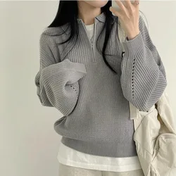 Polo Short Knit Pullovers Women Fall Winter Korean Thickened Casual Long Sleeve Sweater Tops 5 Colors