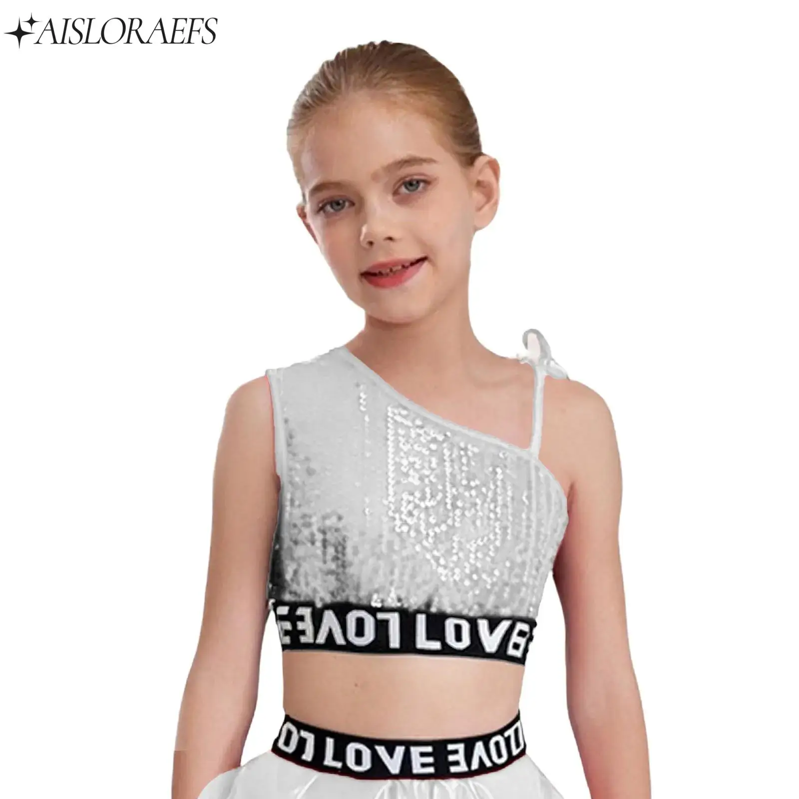 

Fashion Girls Boys Hip-Hop Jazz Dance Costume One Shoulder Sleeveless Sequins Vest Cheerleading Street Dance Crop Top Dancewear