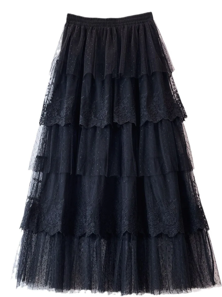 Aprikose Spitze Patchwork Feenrock Princ Sle Lässiger A-Linie Midirock Elastische Taille Sommer Neu eingetroffen aus China