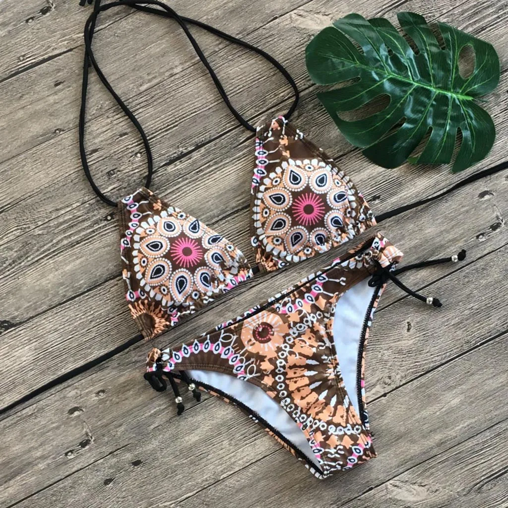 Damski zestaw Bikini Boho Sexy Bikini-kombinezony sznurowane plażowe-sukienka Surf sportowy strój kąpielowy dwuczęściowy Wrap letni kostium