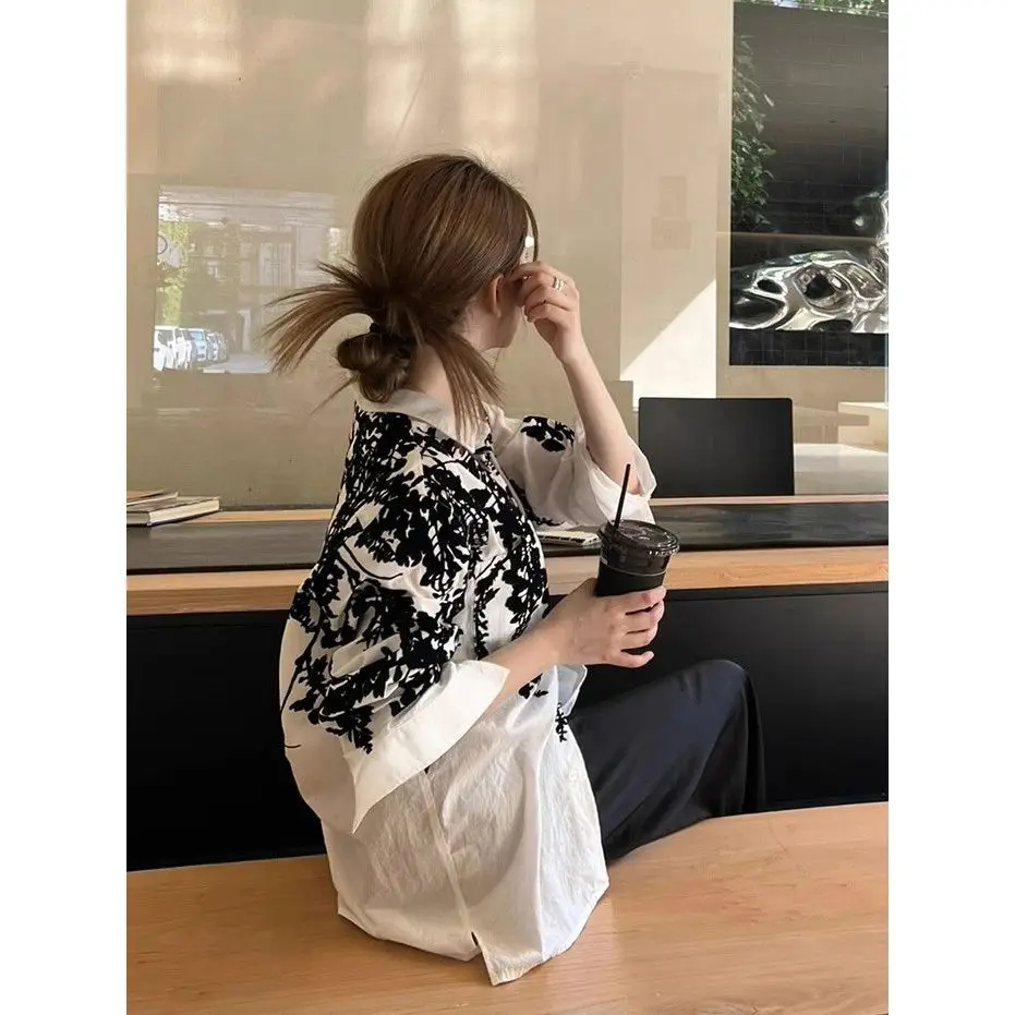 Dames simplicité élégant Patchwork brodé col rabattu à manches longues Blouse automne tempérament boutons Cardigan chemises