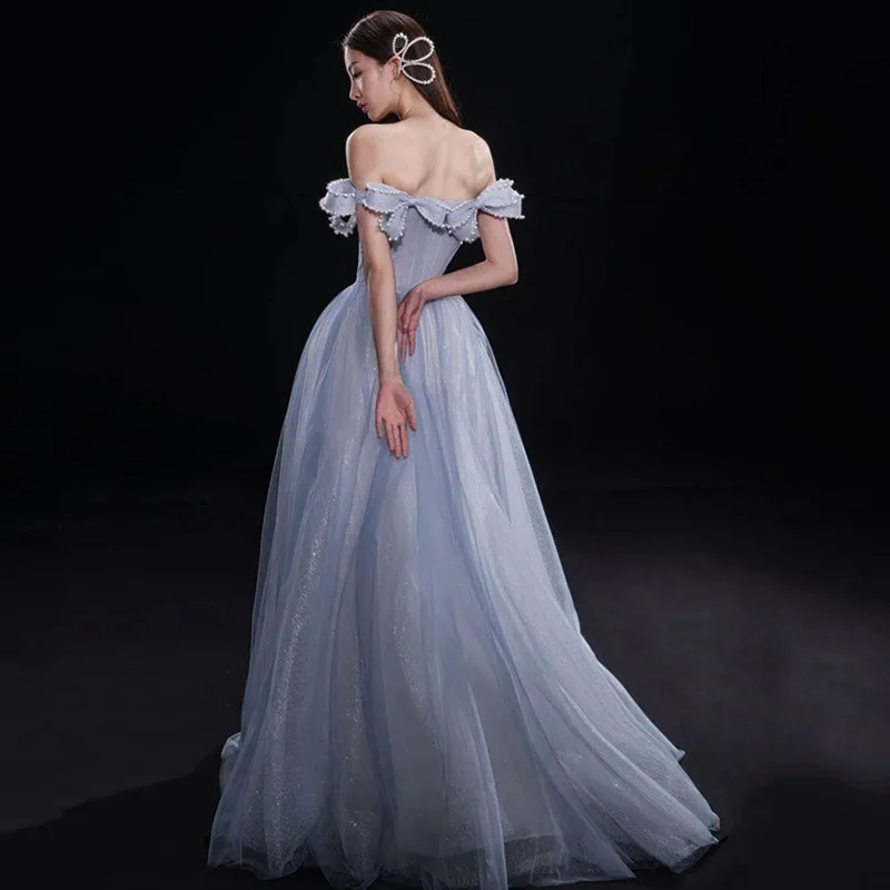 2022 Sexy Fairy Off-shoulder Blue Beading Evening Dresses Women Long A-line Tulle Formal Prom Party Gowns Vestidos De Fiesta