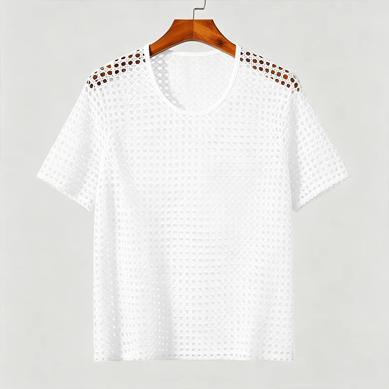 Herren Ausgehöhltes Häkel-Strick-T-Shirt Rundhals Kurzarm Durchsichtiges Netz-Oberteil Atmungsaktives Vintage Strand-Party Freizeit-T-Shirt S-2XL – Detail 11