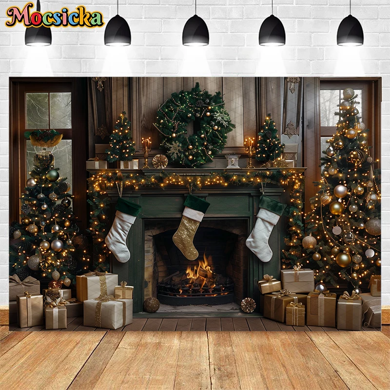 Mocsicka Merry Christmas Photography Backdrop Winter Xmas Tree Fireplace Decor Holiday Party Kid Adult Portrait Photo Background